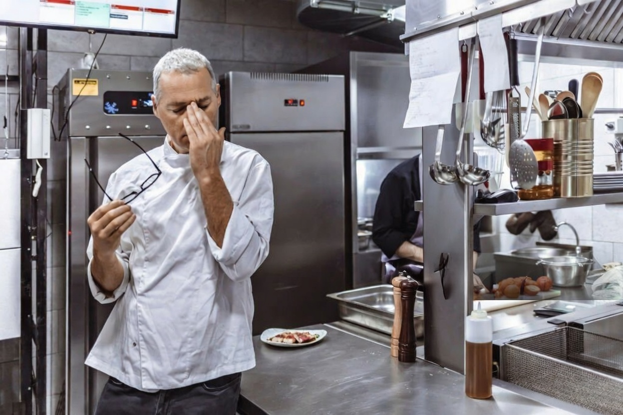 Stressed chef in a commercial kitchen